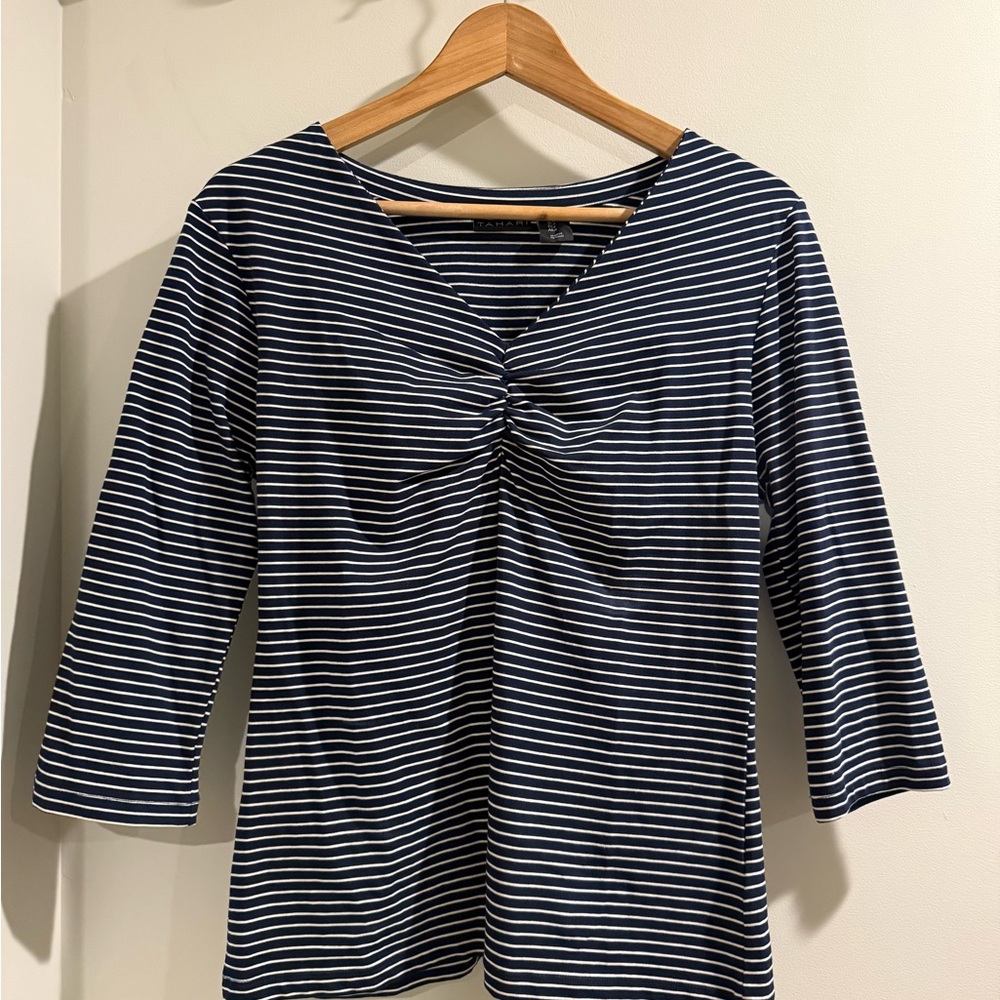 Tahari Navy and White Striped Twist-Front Long Sleeve Top